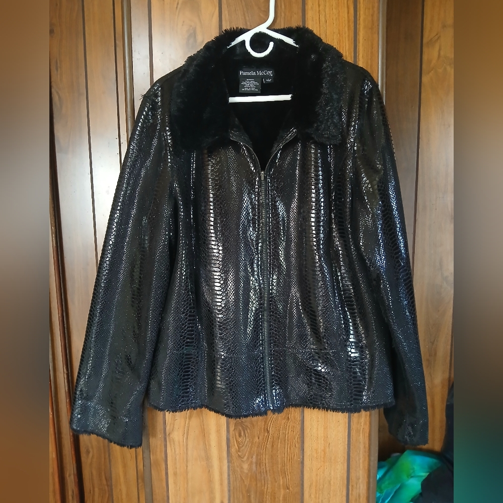 Pamela McCoy Glossy Black Jacket with Plush Fur Collar